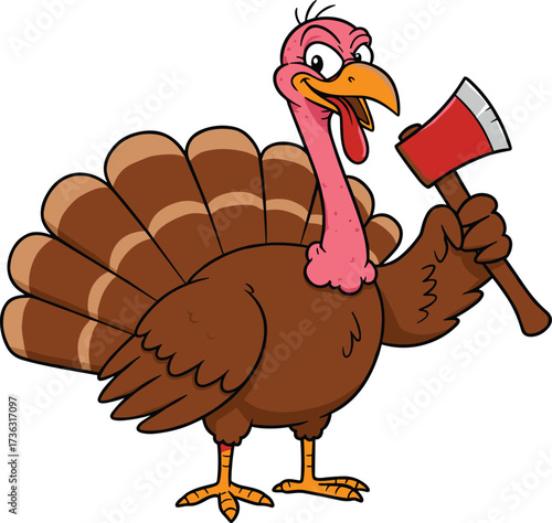 Cartoon turkey holding axe, funny thanksgiving bird illustration, humorous poultry character, festive holiday animal drawing, comic farm mascot, cheerful fowl artwork, satirical seasonal design