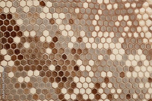 Brown, tan, and gray hexagonal mosaic tile pattern