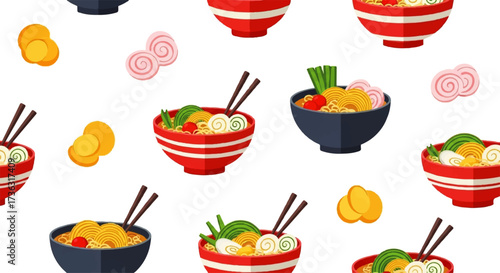 Traditional Asian cuisine concept featuring a seamless pattern of Japanese ramen bowls with noodles, broth, and various toppings