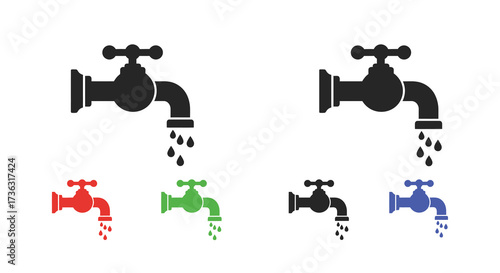 Colorful depictions of water taps showing dripping water in vector style