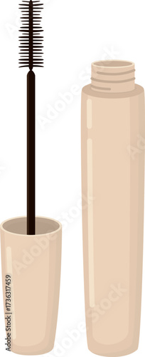 Illustration of an open mascara tube with a visible applicator wand. Makeup cosmetic bottle with eyelash brush
