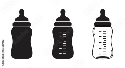 Three baby bottles in varying styles solid dotted and outlined