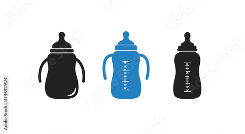 Three baby bottles in different colors a simple graphic illustration