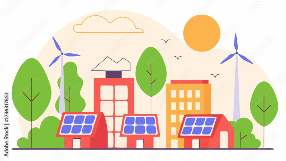 Fototapeta premium Illustration of a cityscape with solar panels, wind turbines, and trees on a sunny day scene view on transparent background silhouette