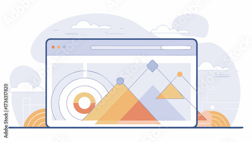 Illustration of a browser window displaying data visualization elements and cloud background on transparent background silhouette