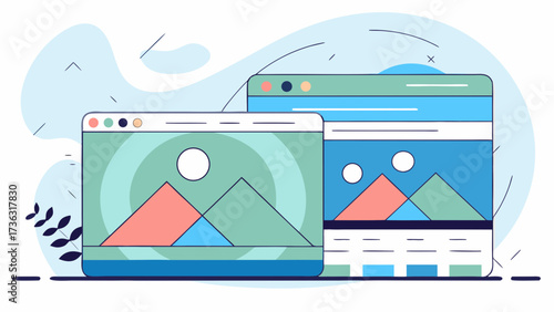 Two stylized browser windows displaying landscape images with a light blue background design element on transparent background silhouette