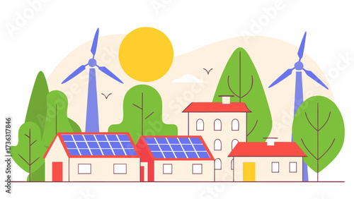 Illustration of a sustainable village with solar panels, wind turbines, and trees under a bright sun light on transparent background silhouette