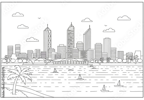 Skyline with tall buildings bridges sailboats a palm tree clouds and two birds