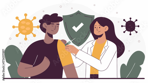 Doctor administering vaccine to patient with shield and virus icons in the background illustration on transparent background silhouette