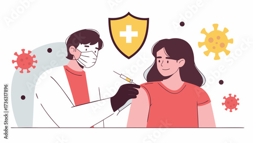 Doctor administering vaccine injection to patient for immunity with virus and shield background illustration on transparent background silhouette