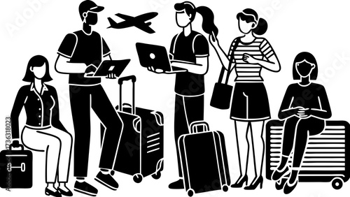 Group of travelers with luggage and devices at the airport waiting for their flight departure time on transparent background silhouette