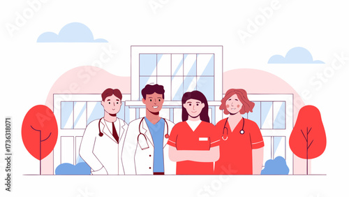 Illustration of four healthcare professionals standing in front of a modern hospital building in daytime on transparent background silhouette