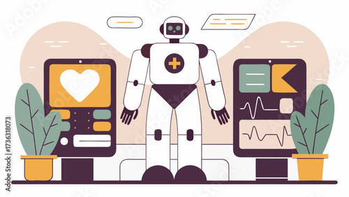 Medical robot standing between two monitors displaying health data with plants in front of screens on transparent background silhouette