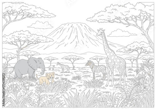Savannah scene with elephant lion cub giraffes zebras trees grass  a mountain in the background