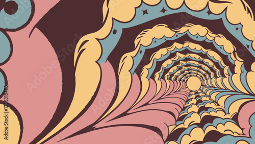 Abstract tunnel of clouds with a vanishing point and retro color palette in a psychedelic style on transparent background silhouette