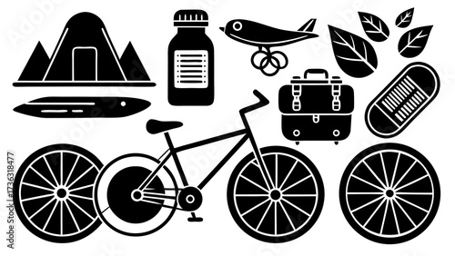Black and white icons depicting travel and outdoor activities including camping and cycling elements design on transparent background silhouette