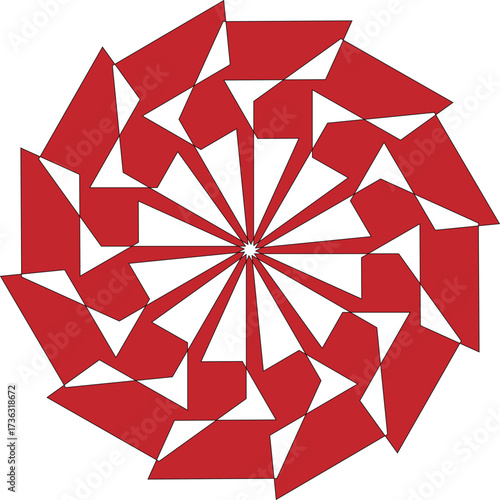a red and white geometric pattern, which is a visual representation of a mandala. 