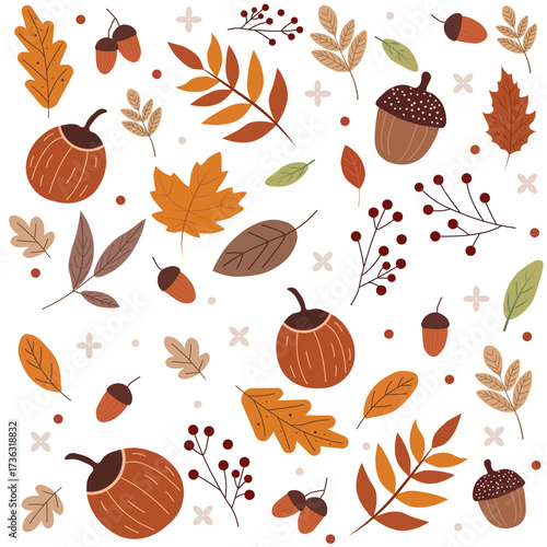 Autumn seamless pattern with leaves, pumpkins, berries, and acorns on a transparent background. Cozy seasonal design for fall decor, fabrics, wrapping paper, greeting cards, and home decor. Vector.