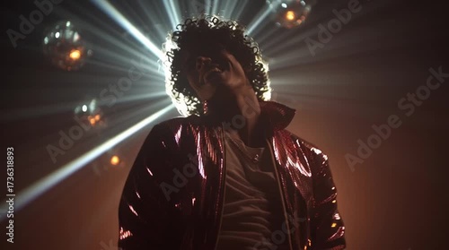 Disco inspired portrait of man in shiny jacket with dramatic light beams