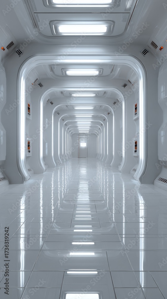 Obraz premium Futuristic corridor, glossy white, perspective shot, clean, bright, sci-fi interior