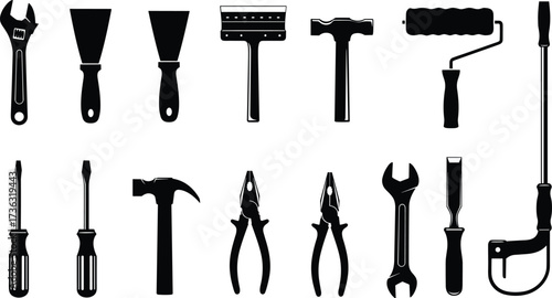 Silhouette hand tools, construction equipment, DIY repair icons, black vector set, wrench, hammer, screwdriver, pliers, scraper, caulking gun