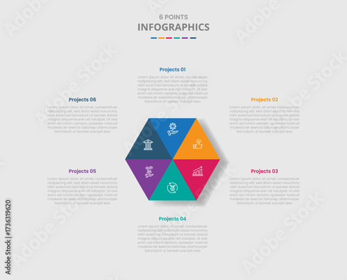 6 points template infographic with hexagon center with triangle composition structure with drop shadow style with four stage list information