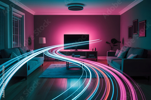 Living room with neon light trails flowing across sofas and television neon lights