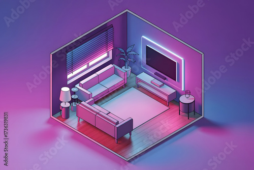 Isometric cutaway living room with pink and blue neon lighting and modern furniture