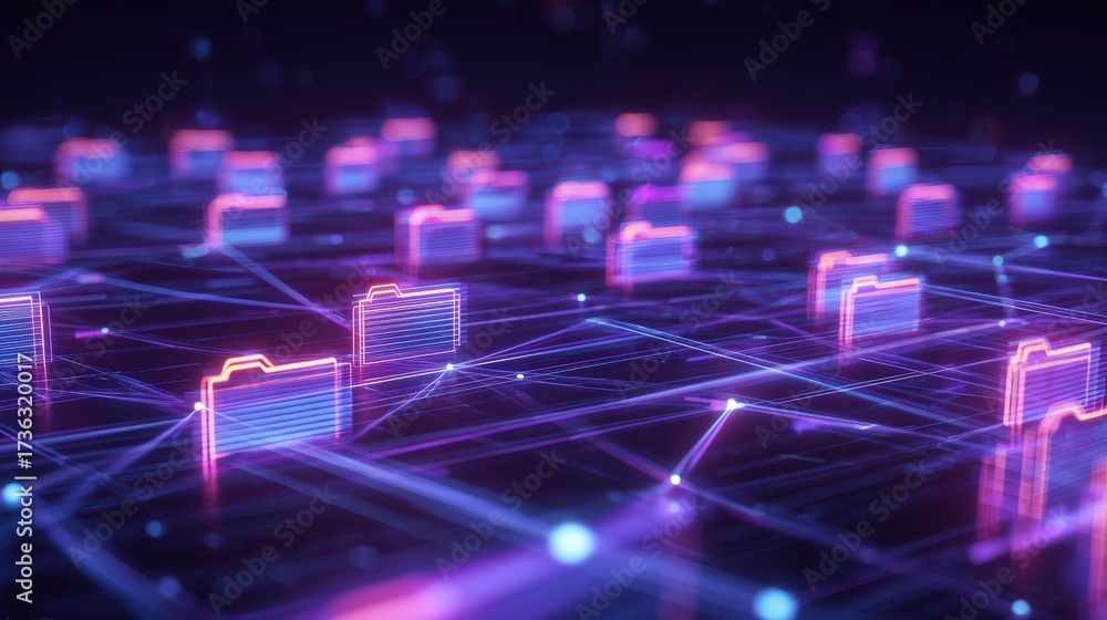 Obraz premium Abstract network grid with files and folders, futuristic software interface, digital document management system, store, search and organize documents, corporate business, paperless office 