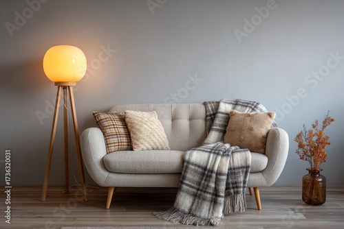 Modern minimalist living room with light sofa, plaid pillows, and wooden floor lamp
