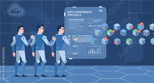 Data Governance and Compliance Regulation Vector Illustration. Wide Landscape Auditors Reviewing Policy