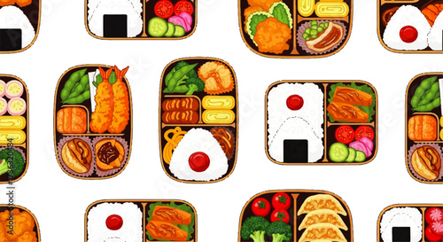 Seamless pattern of traditional Japanese bento boxes. Vibrant illustration featuring diverse packed meals like onigiri, tempura, and vegetables, perfect for food and cultural designs