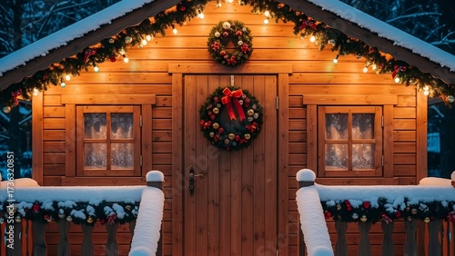 A cozy wooden cabin is decorated for Christmas with wreaths, lights, and snow, creating a warm and festive winter scene.