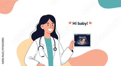 A doctor shows an ultrasound image with a baby inside.