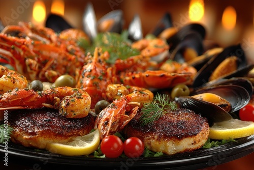 Ocean's Bounty: A culinary masterpiece presents a vibrant arrangement of the sea's finest offerings, a feast for the eyes and a promise of exquisite flavors, a true ode to the ocean's treasures.