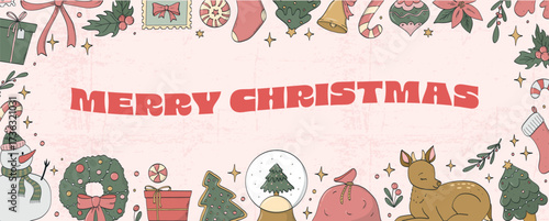 Merry Christmas quote decorated with frame of doodles for banners, prints, cards, posters, invitations, social media decor, etc. EPS 10