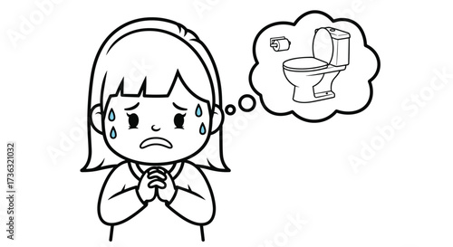 A young girl looks worried as she thinks about needing to use the restroom.