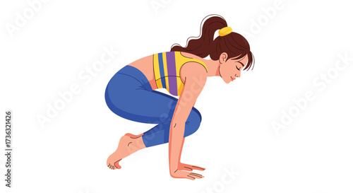A woman demonstrates the crow pose in yoga an arm balancing posture.