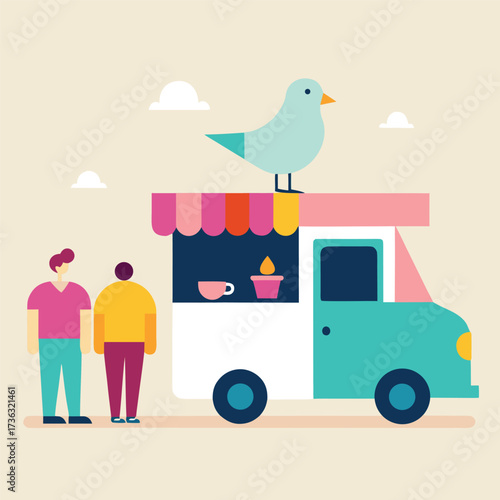 People Ordering from a Colorful Food Truck with Bird