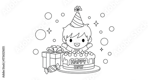 A cute cartoon child in a party hat sits behind a delicious cake with presents and confetti for a happy birthday celebration.