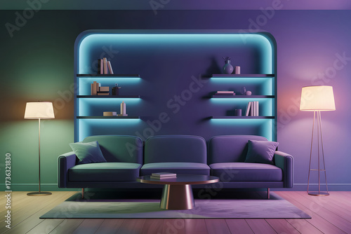 Modern living room with recessed blue neon lighting and plush sofa interior couch