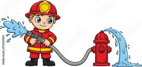Cartoon child firefighter illustration, young boy in fireman uniform, holding water hose, spraying hydrant, kids safety education, emergency rescue, playful character design, colorful vector art