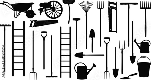 Silhouette hand tools, wrench, screwdriver, pliers, hammer, knife, mallet, paint roller, DIY repair, construction, black icons, vector set
