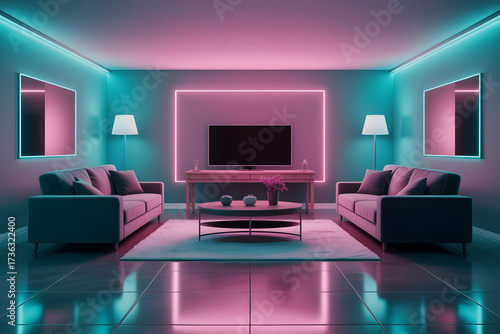 Symmetrical living room with neon pink and teal lighting and modern furniture interior