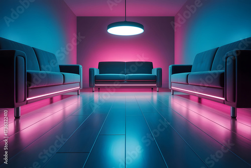 Three dark sofas in a room with neon pink and blue lighting reflecting on a polished floor