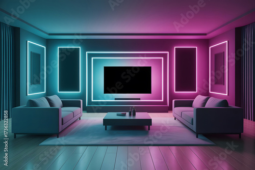 Two sofas facing each other in a living room with neon lighting and a large screen