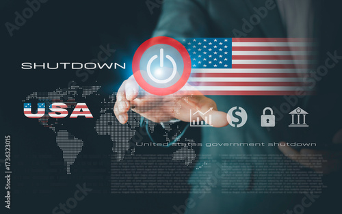 Government shutdown concept with American flag and dollar symbolizing USA budget crisis, federal funding freeze, economic uncertainty, political conflict, and financial impact on services.