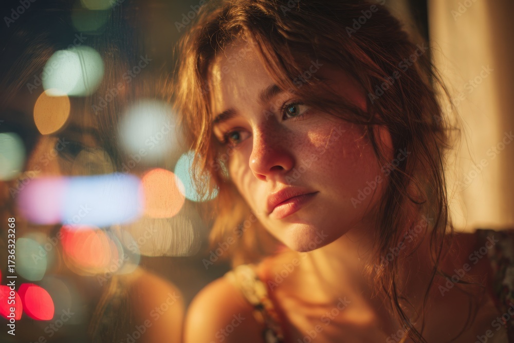 Fototapeta premium Portrait of a pensive young woman with warm light and soft bokeh reflections.
