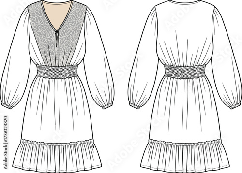 CAD drawing flat vector, long sleeve dress sketch, smocked waist fashion template, v-neck dress illustration, ruffle hem clothing design