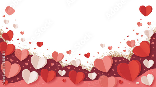 A festive border of red and white paper hearts adorns a transparent background for romantic occasions. Valentine background with hearts and flowers